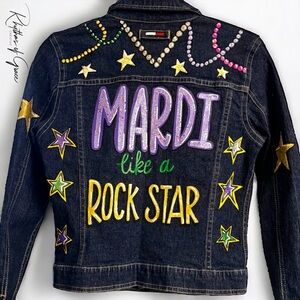 Hand Painted Mardi Gras Jacket, Tommy Hilfiger Ladies Size Medium, Jean Jacket